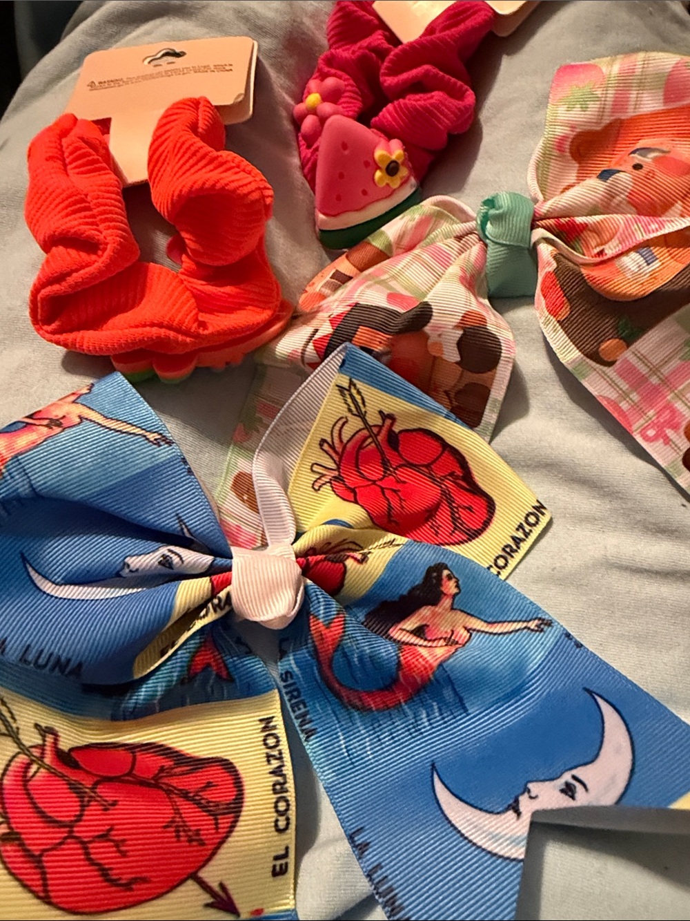 Multiples Blue Mermaid Print Hair Bow with Orange Scrunchies